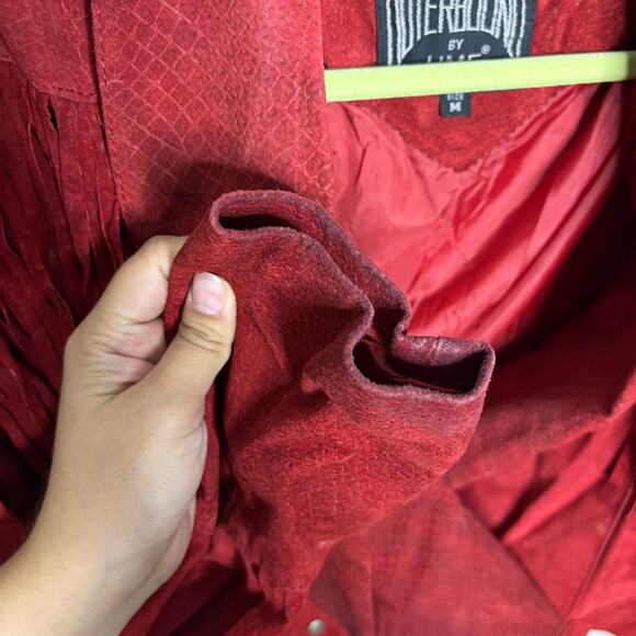 Outerbound by HMS Red Cropped Fringe Vintage Leather Jacket Sz M - Picture 7 of 16
